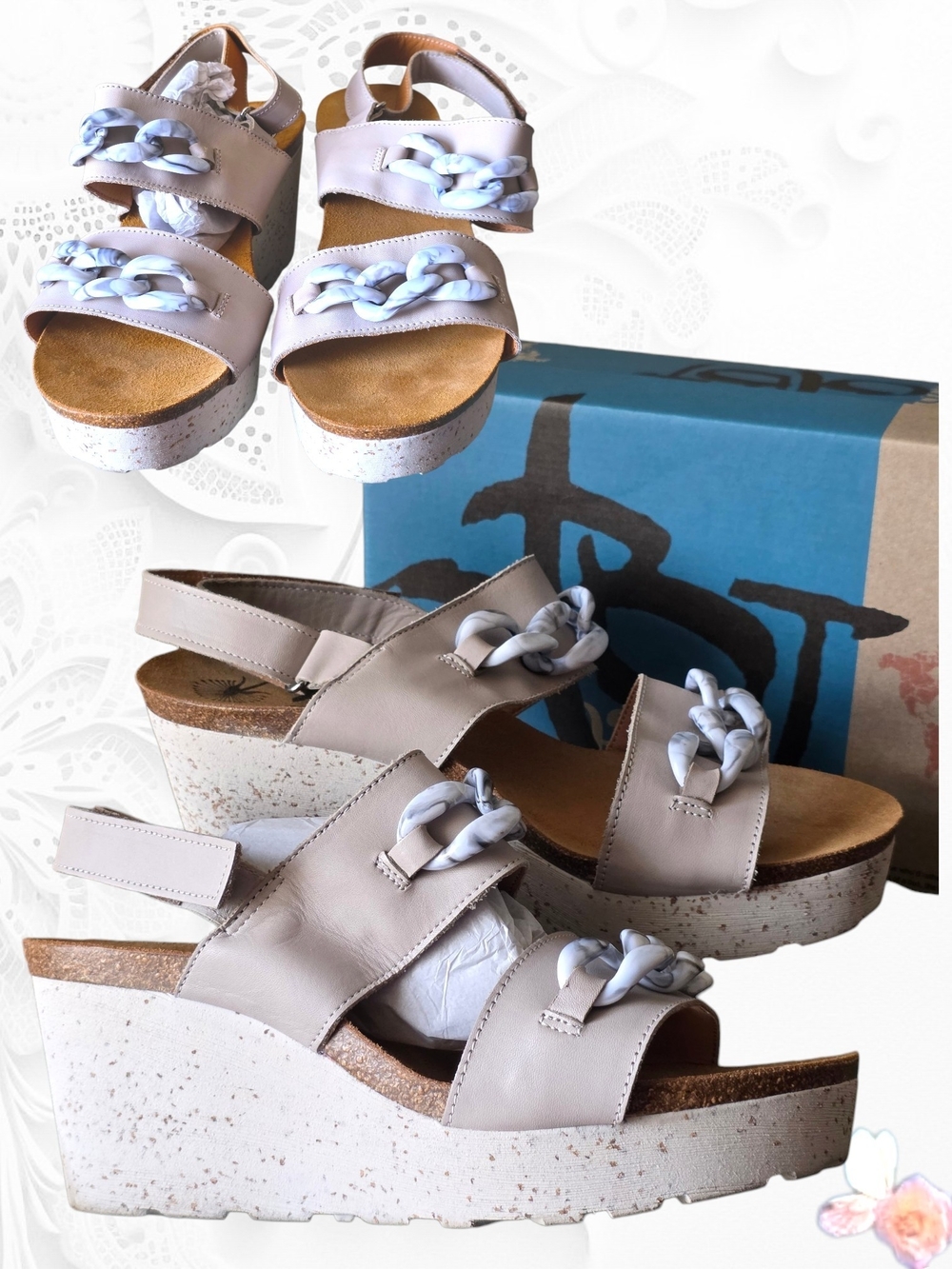 Lknw OTBT Fair Isle Grey Leather Platform Wedge Sandals Chain Detail Size 10